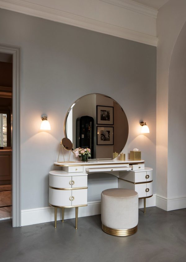 Vanity Table With Marble Top And Round Mirror And SS Framing